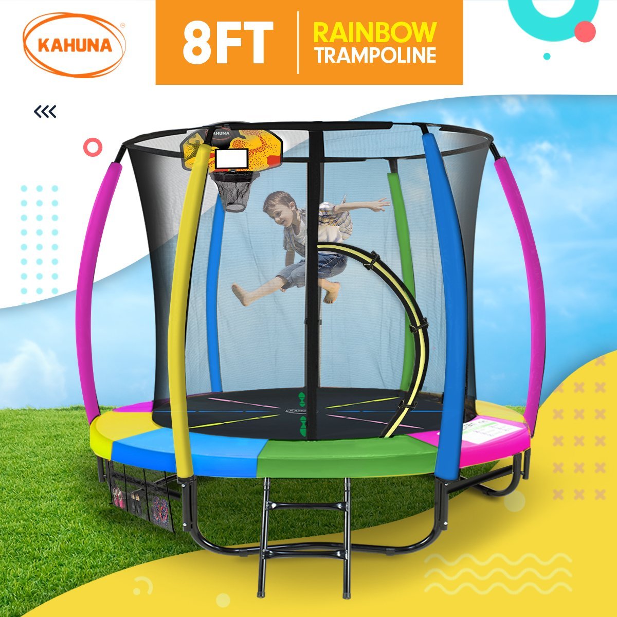 Kahuna 8ft Outdoor Trampoline Kids Children With Safety Enclosure Mat Pad Net Ladder Basketball Hoop Set - Rainbow for kids outdoor play - PlayScapes Australia