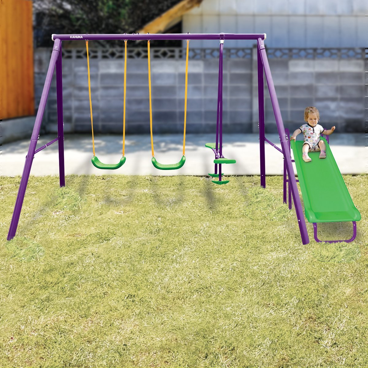 Kahuna Kids 4 - Seater Swing Set with Slide Purple Green for kids outdoor play - PlayScapes Australia