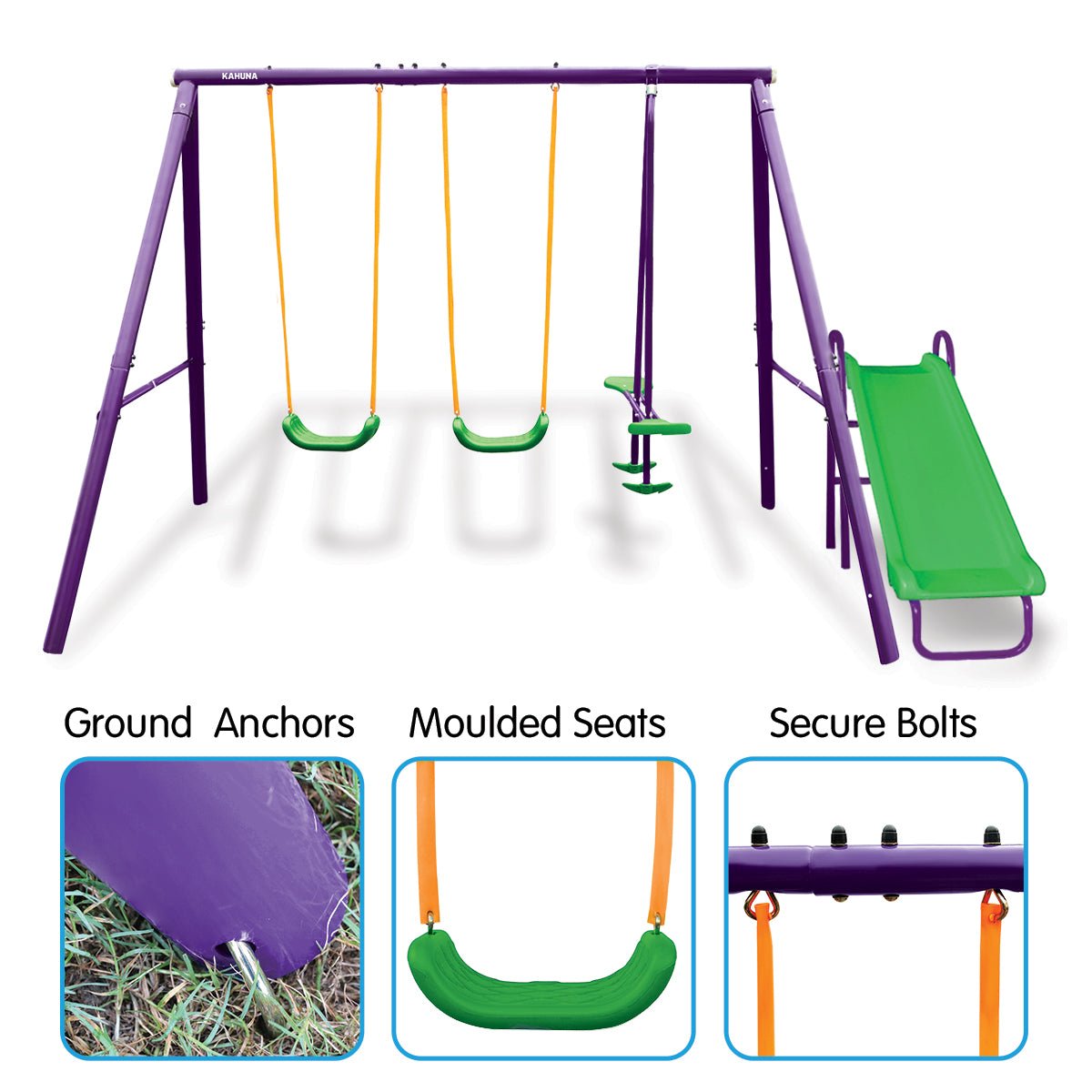 Kahuna Kids 4 - Seater Swing Set with Slide Purple Green for kids outdoor play - PlayScapes Australia
