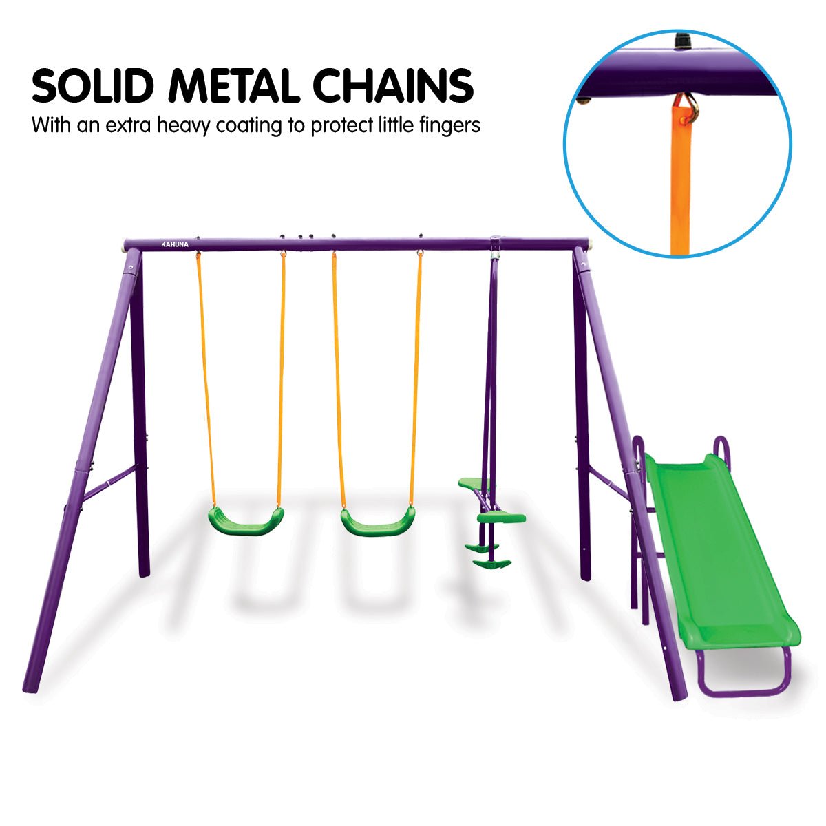 Kahuna Kids 4 - Seater Swing Set with Slide Purple Green for kids outdoor play - PlayScapes Australia