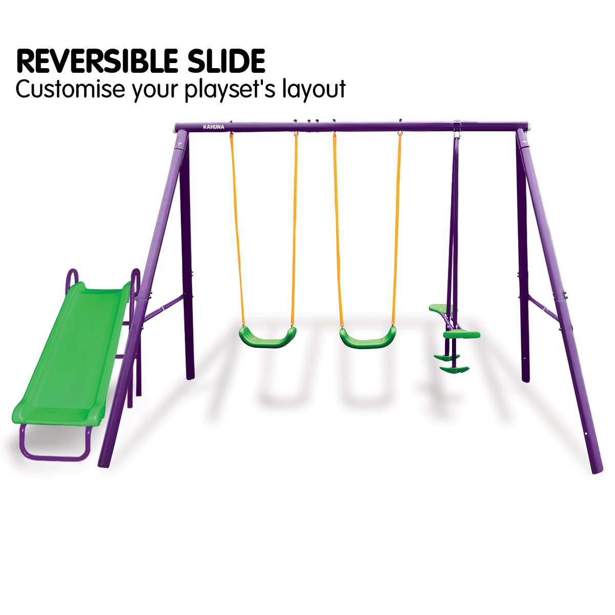 Kahuna Kids 4 - Seater Swing Set with Slide Purple Green for kids outdoor play - PlayScapes Australia
