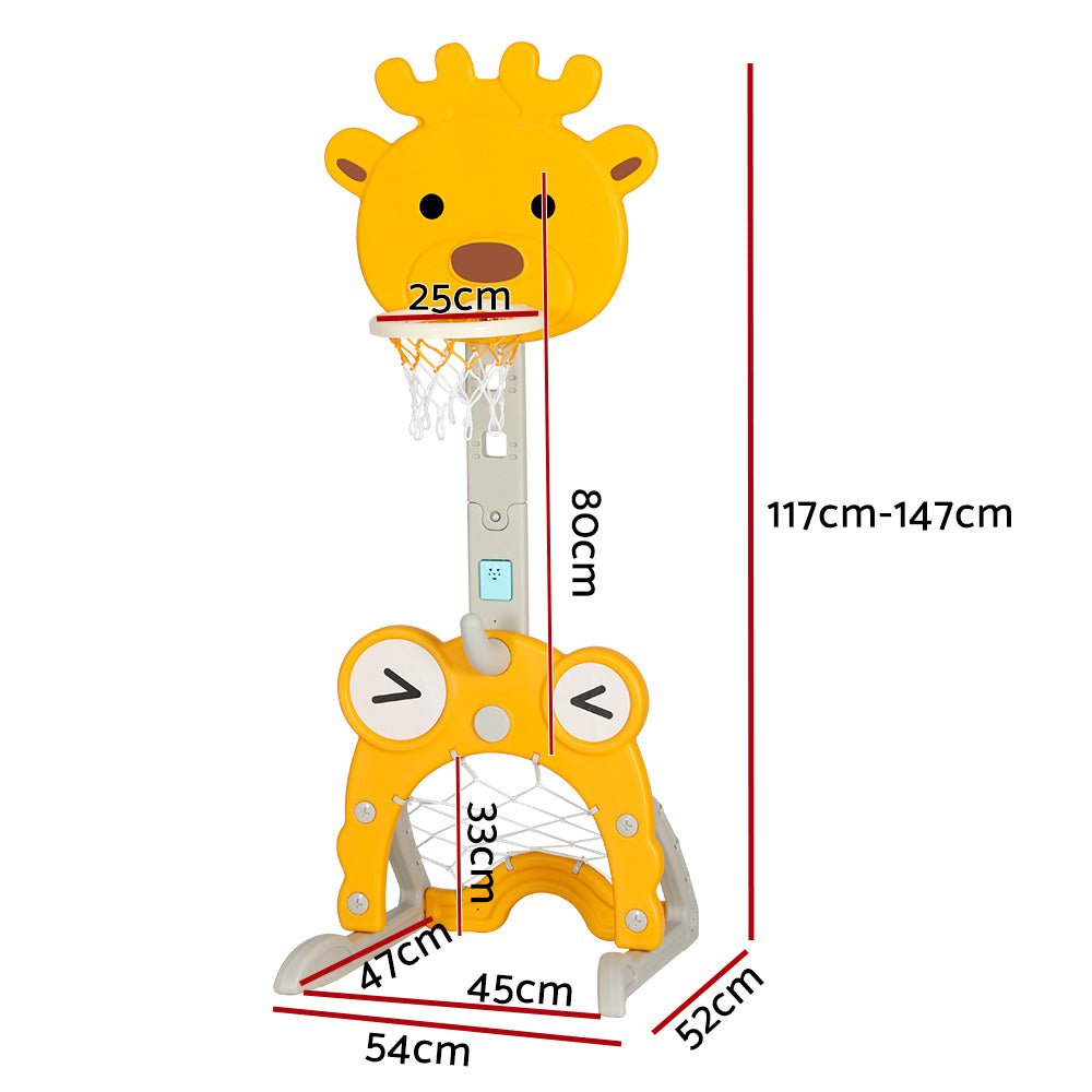 Keezi Kids Basketball Hoop Stand Adjustable 5 - in - 1 Sports Center Toys Set Yellow for kids outdoor play - PlayScapes Australia