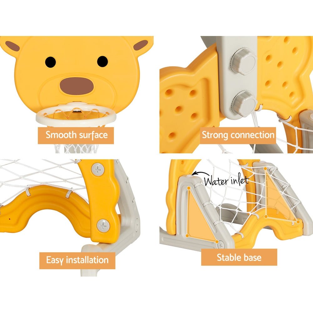 Keezi Kids Basketball Hoop Stand Adjustable 5 - in - 1 Sports Center Toys Set Yellow for kids outdoor play - PlayScapes Australia