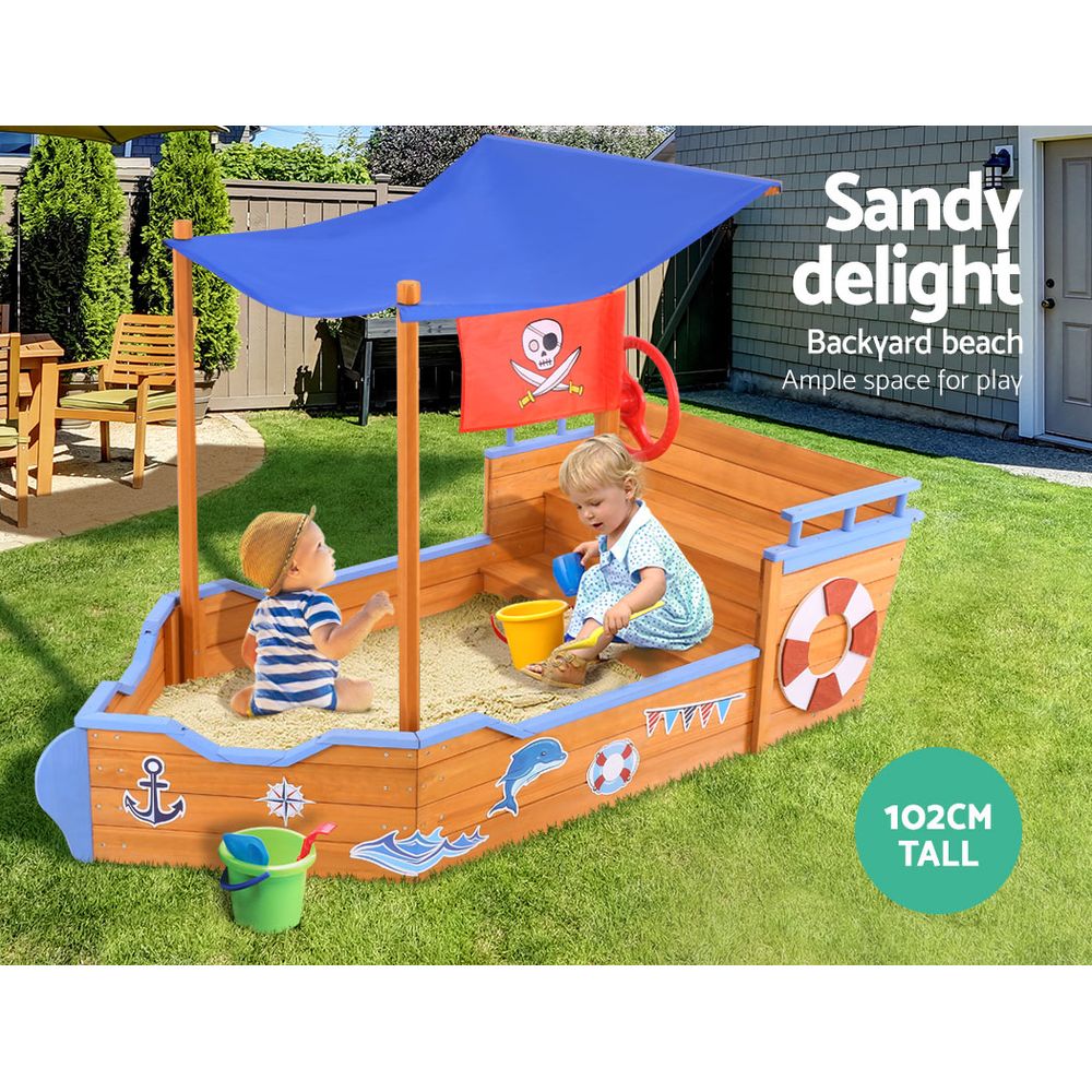 Keezi Kids Sandpit Wooden Boat Sand Pit with Canopy Bench Seat Beach Toys 165cm for kids outdoor play - PlayScapes Australia