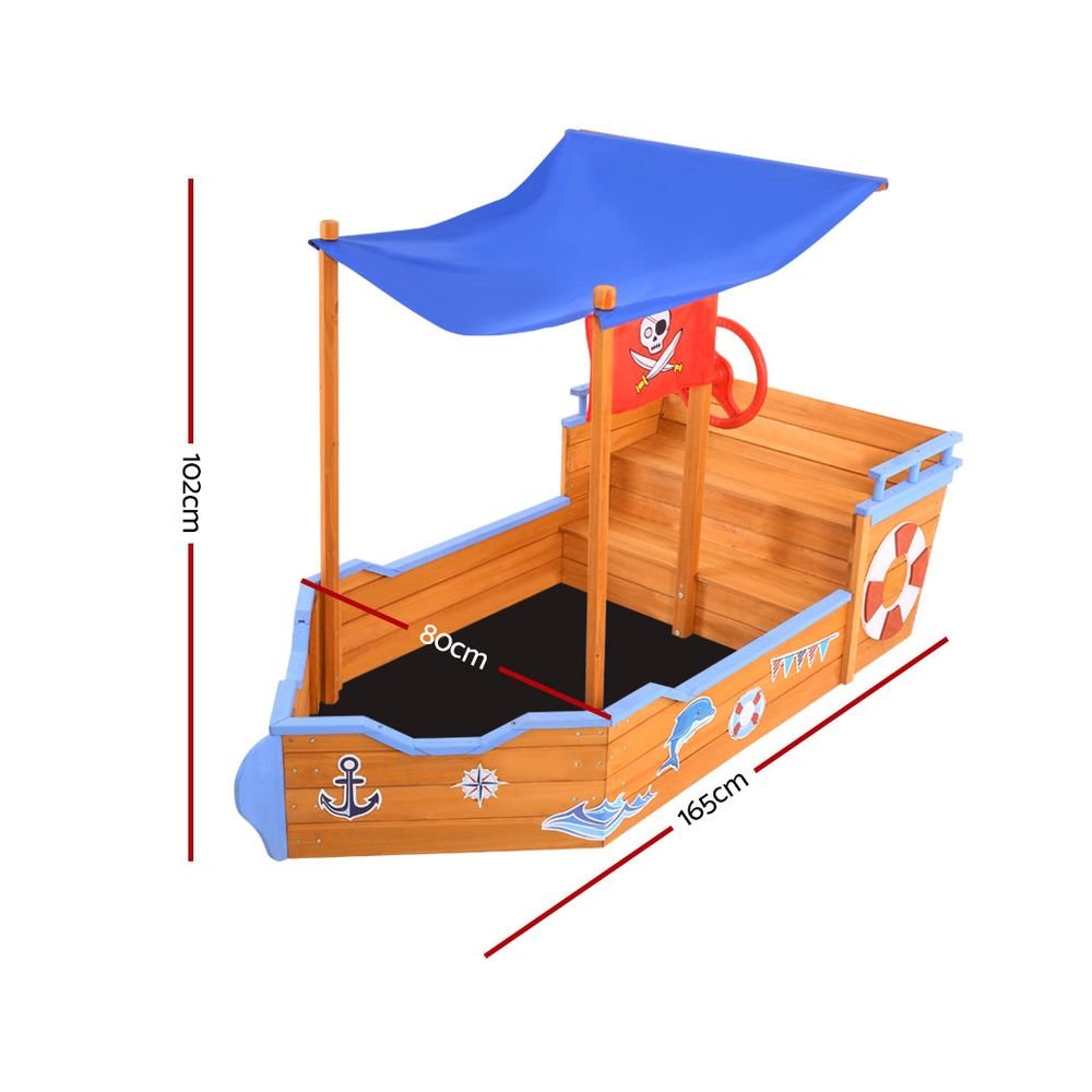 Keezi Kids Sandpit Wooden Boat Sand Pit with Canopy Bench Seat Beach Toys 165cm for kids outdoor play - PlayScapes Australia