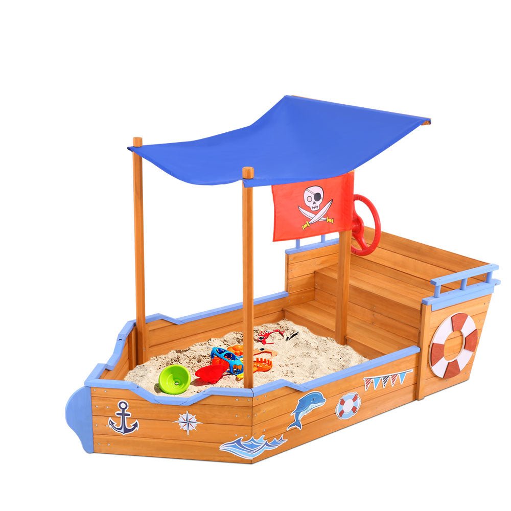 Keezi Kids Sandpit Wooden Boat Sand Pit with Canopy Bench Seat Beach Toys 165cm for kids outdoor play - PlayScapes Australia