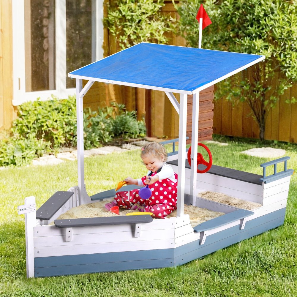 Keezi Kids Sandpit Wooden Box Boat Canopy Flag Outdoor Toys Children Blue for kids outdoor play - PlayScapes Australia