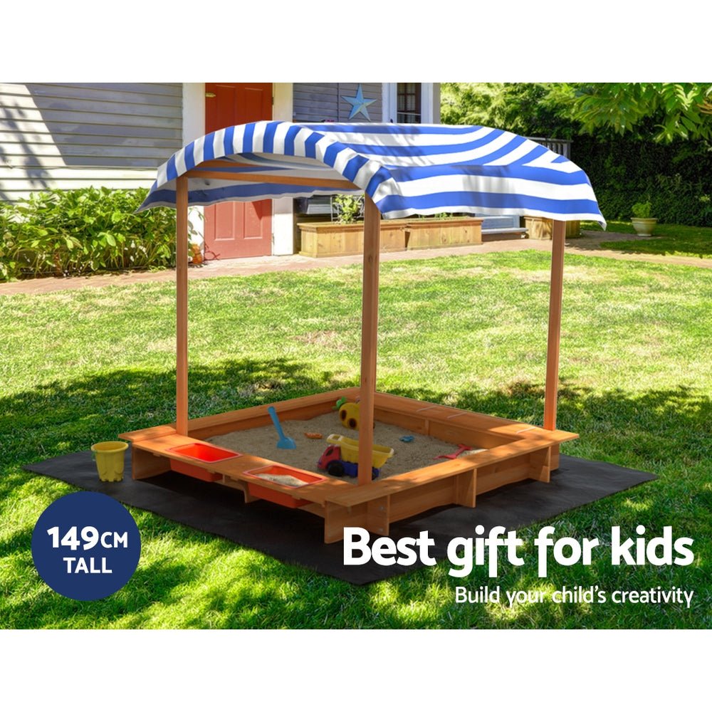 Keezi Kids Sandpit Wooden Sandbox Sand Pit with Canopy Water Basin Toys 146cm for kids outdoor play - PlayScapes Australia