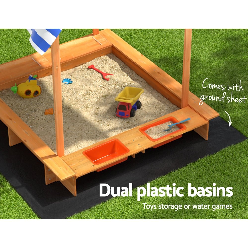 Keezi Kids Sandpit Wooden Sandbox Sand Pit with Canopy Water Basin Toys 146cm for kids outdoor play - PlayScapes Australia
