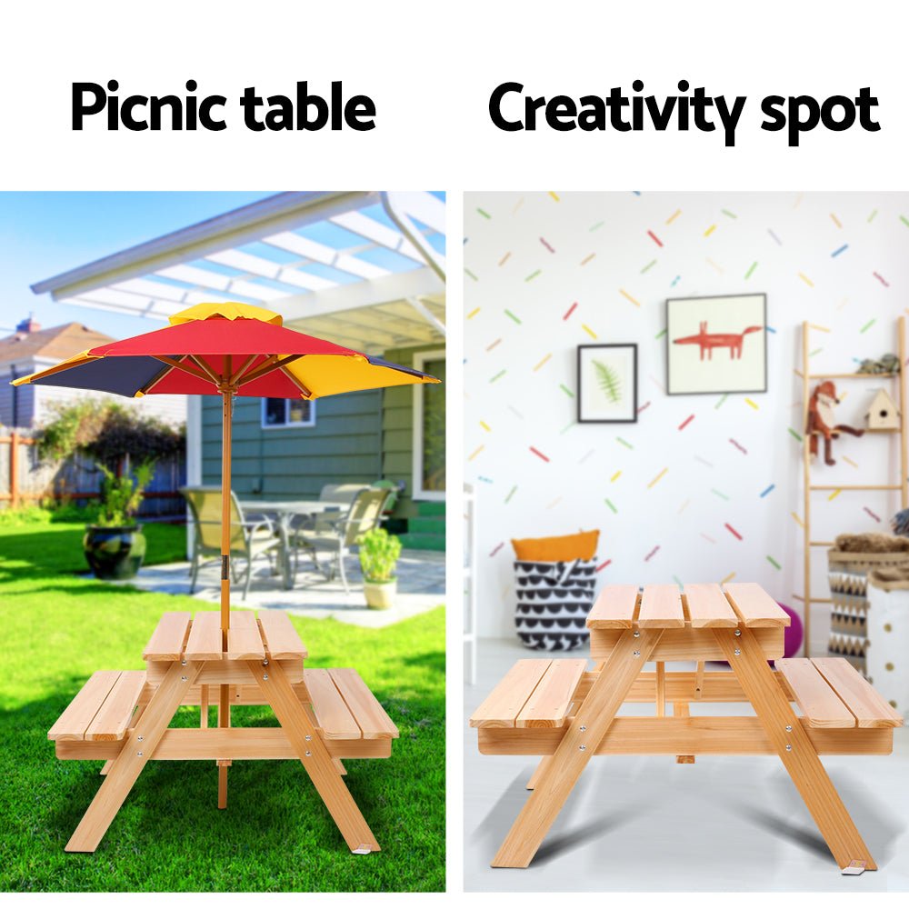 Keezi Kids Wooden Picnic Table Set with Umbrella for kids outdoor play - PlayScapes Australia