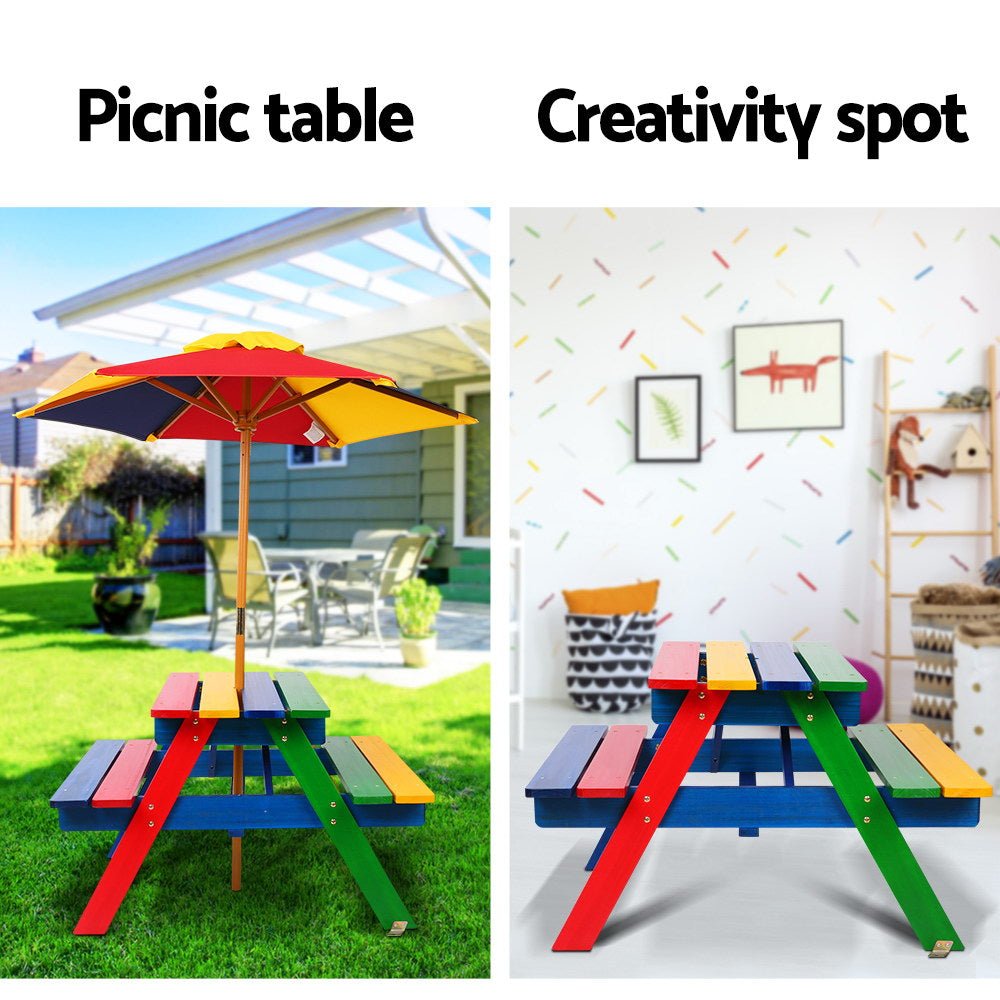 Keezi Kids Wooden Picnic Table Set with Umbrella for kids outdoor play - PlayScapes Australia