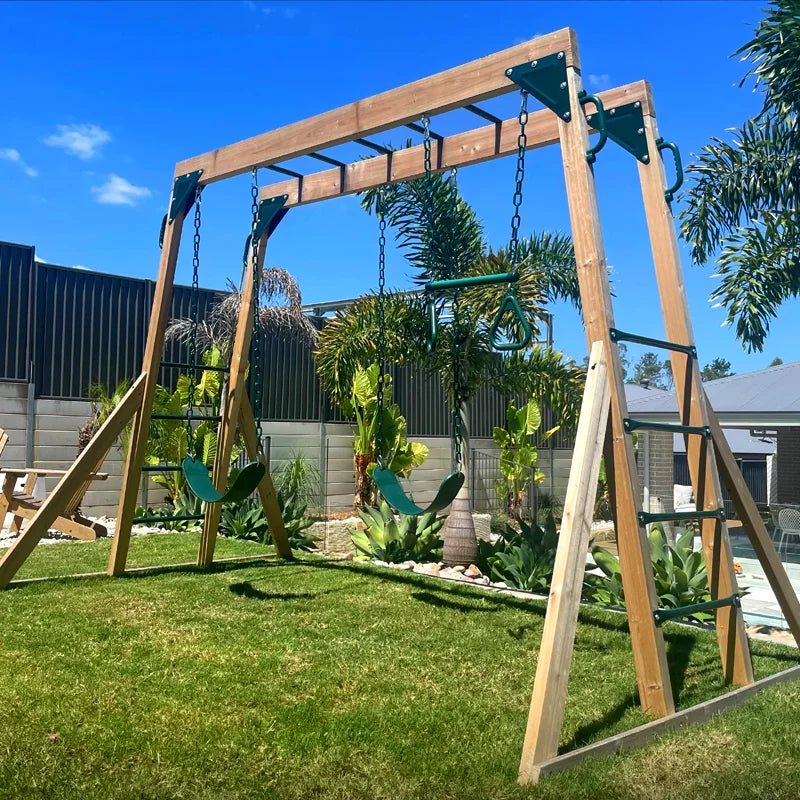 Lifespan Kids Daintree 2 - in - 1 Monkey Bars & Swing Set. Adjustable. High Quality Weather Protected Timber. for kids outdoor play - PlayScapes Australia