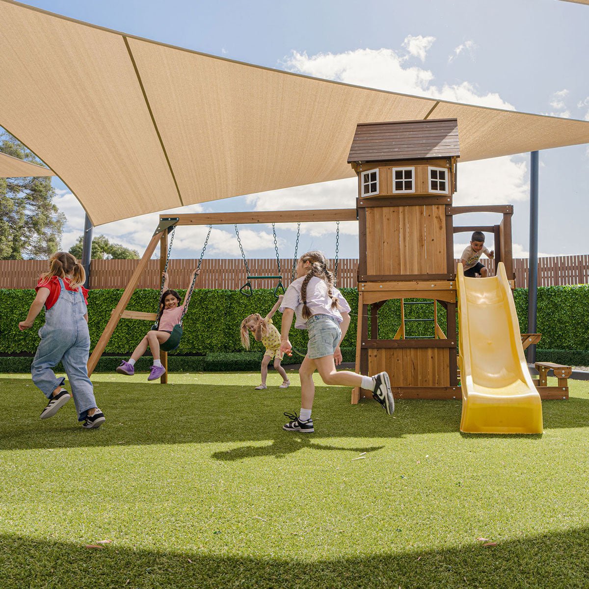 Lifespan Kids Meer Brook Swing Set, Monkey Bars & Play Centre with 2.2m Slide (Yellow) for kids outdoor play - PlayScapes Australia