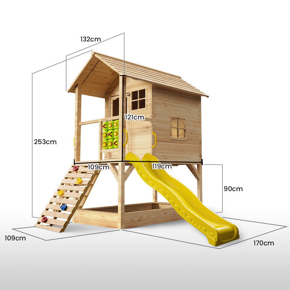 ROVO KIDS Wooden Tower Cubby House with Slide, Sandpit, Climbing Wall, Noughts & Crosses, Natural Colour for kids outdoor play - PlayScapes Australia
