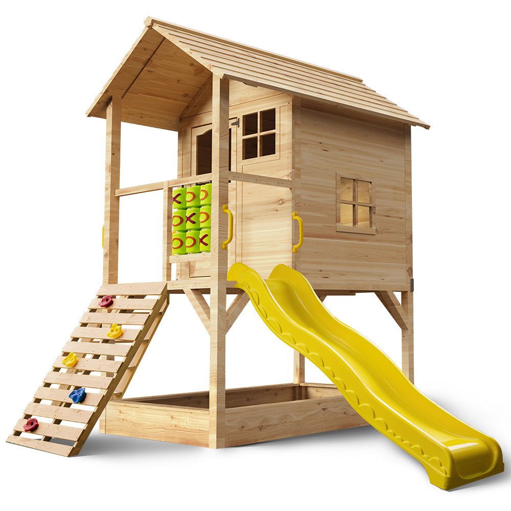 ROVO KIDS Wooden Tower Cubby House with Slide, Sandpit, Climbing Wall, Noughts & Crosses, Natural Colour for kids outdoor play - PlayScapes Australia